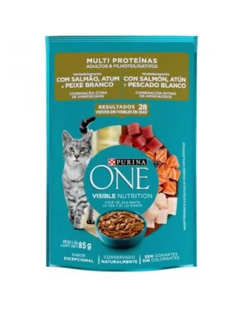 Ração Úmida Purina Cat One Para Gatos Adultos e Filhotes - Sabor Salmão, Atum e Peixe Branco 85g