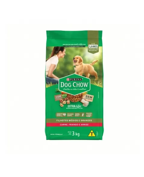 Ração Seca Dog Chow Filhotes Médios e Grandes - Sabor Carne, Frango e Arroz 3Kg